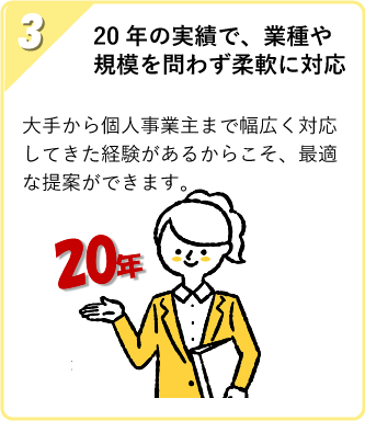 20年の実績で、業種や規模を問わず柔軟に対応 大手から個人事業主まで幅広く対応してきた経験があるからこそ、最適な提案ができます。
