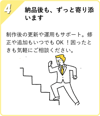 納品後も、ずっと寄り添います 制作後の更新や運用もサポート。修正や追加もいつでもOK！困ったときも気軽にご相談ください。
