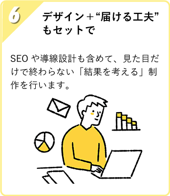 デザイン＋“届ける工夫”もセットで SEOや導線設計も含めて、見た目だけで終わらない「結果を考える」制作を行います。